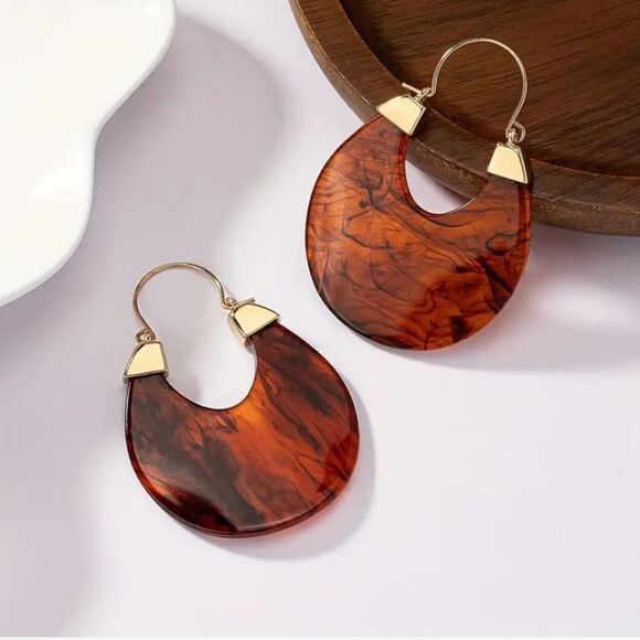 Tortoise brown resin plate drop earrings - Picture 1 of 5